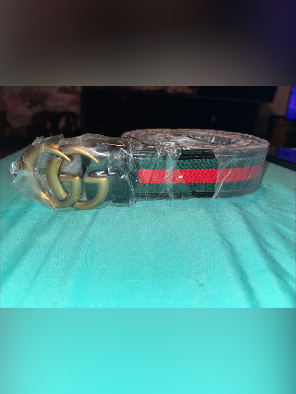 Gucci Black Belt with Green and Red Stripe and Gold Double G Buckle